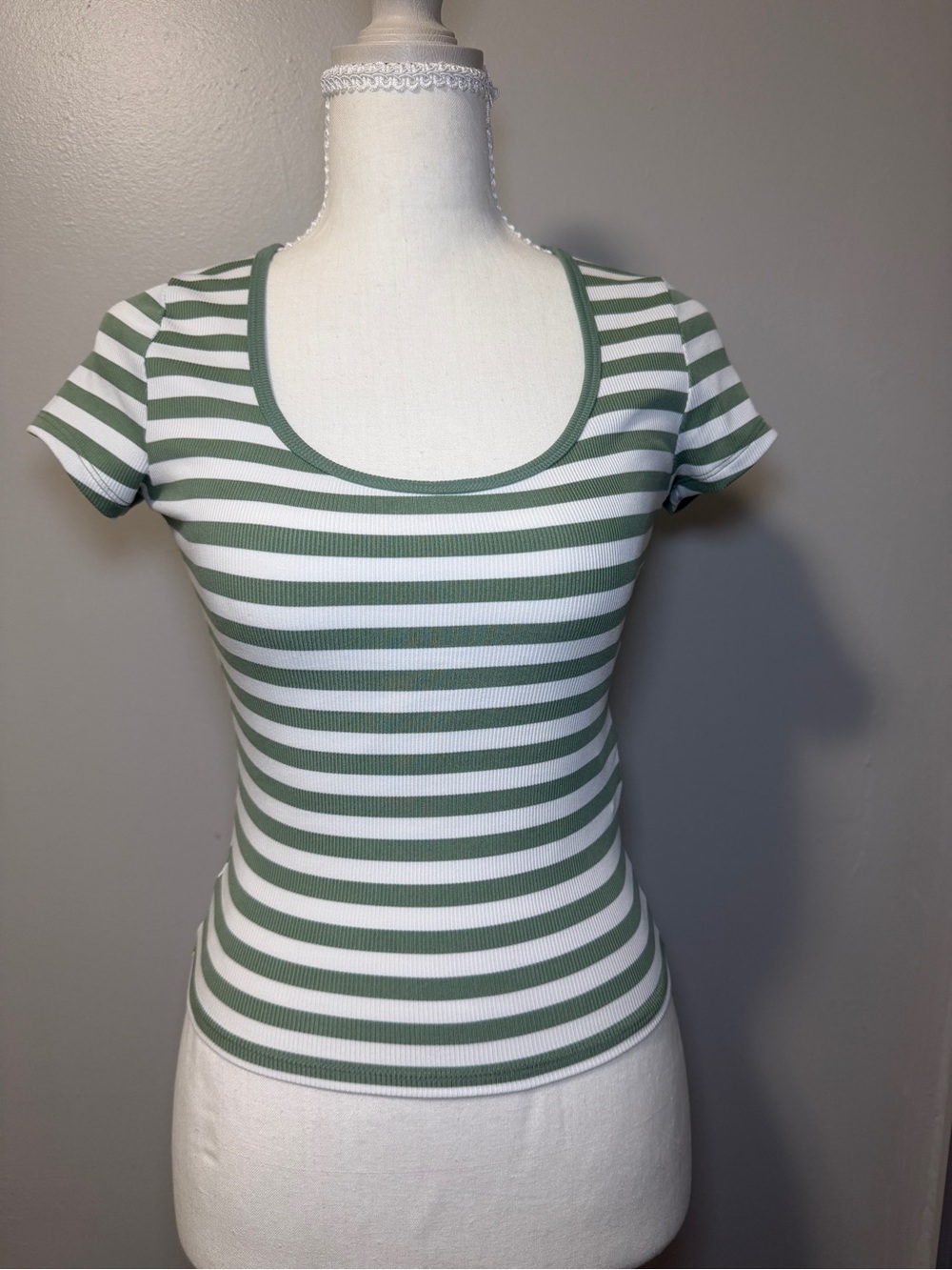 Hollister Green and White Striped Scoop Neck Tee